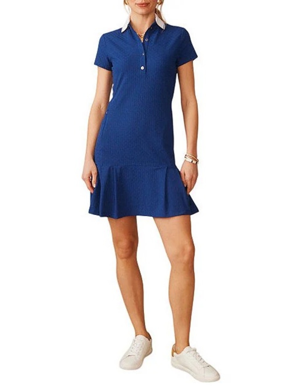 Dorte Knit Catalina Cloth Point Collar Short Sleeve Ruffle Hem Dress-Navy-XL